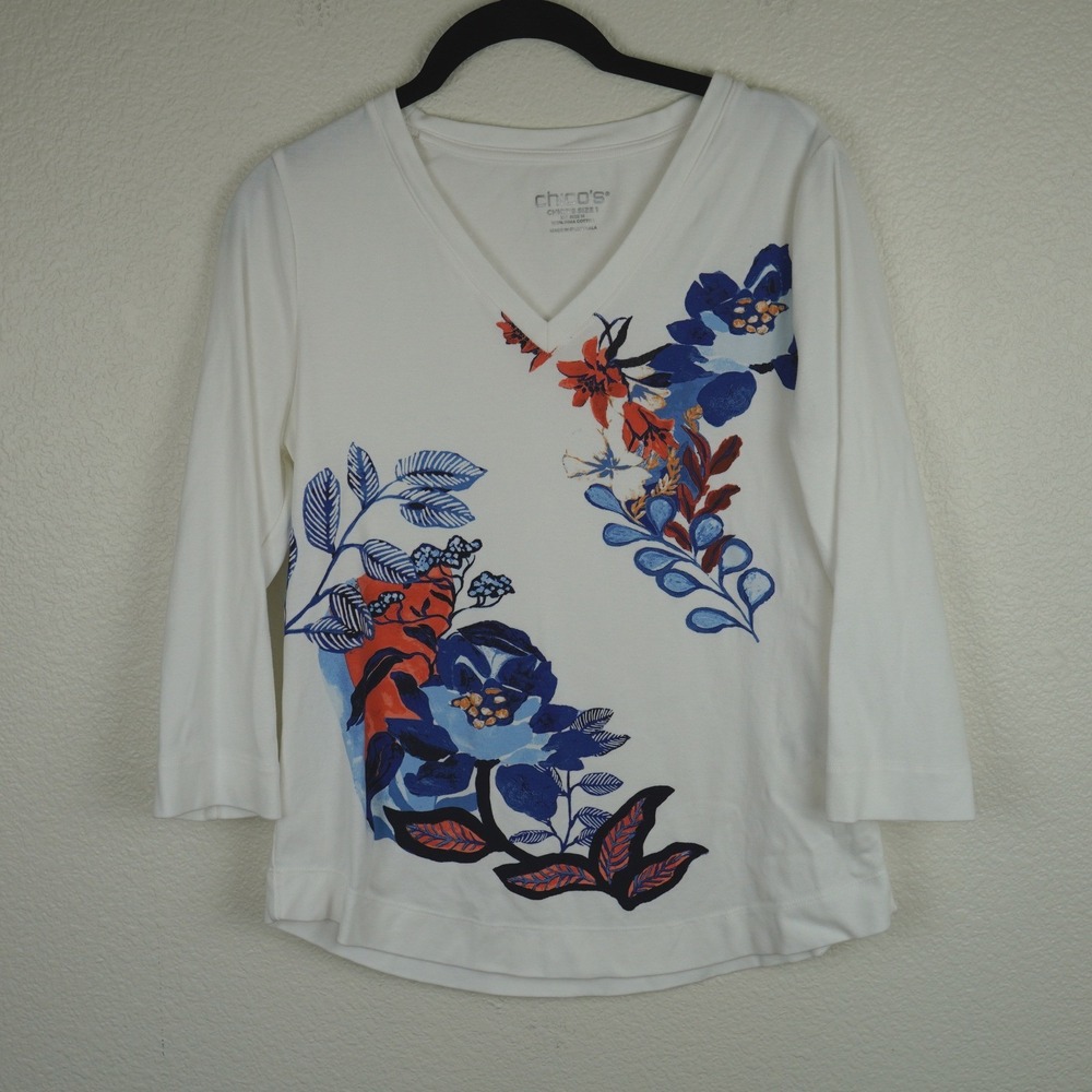 Chicos Size 1 M Floral V Neck 3/4 Sleeve Pima Cotton Top Capsule Casual Staple